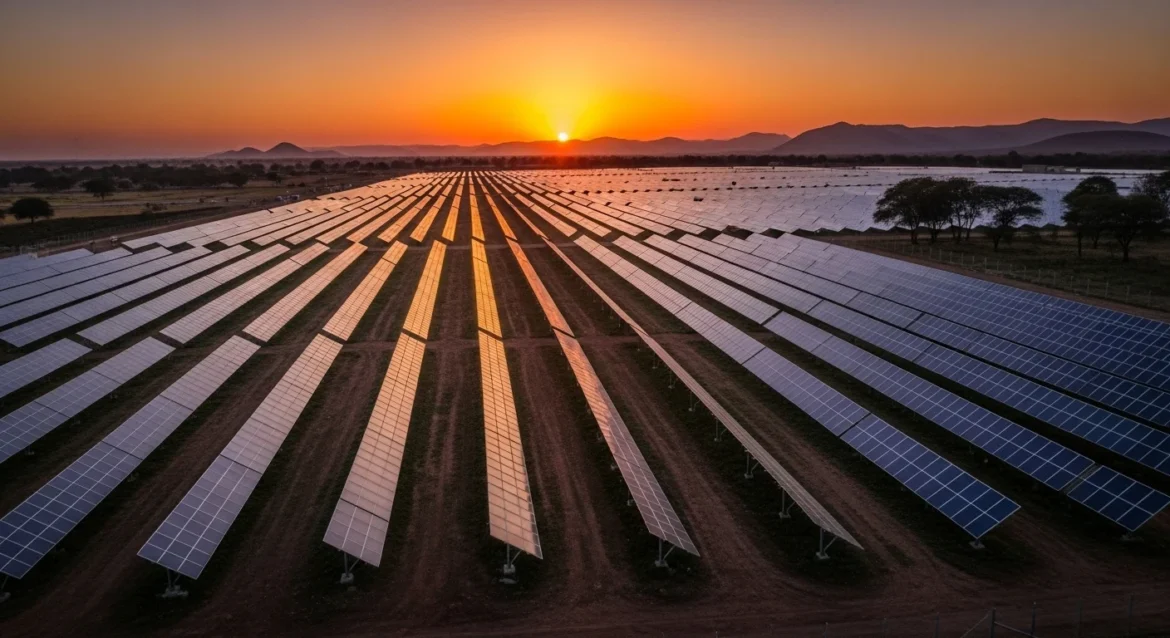Aerial view of a utility-scale solar power plant – large-scale solar EPC solutions India