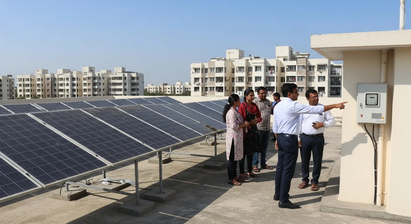 MERC 2025 Order: Virtual Net Metering for All Societies 1 Rooftop solar panels installed on a housing society in Maharashtra, showing how Virtual Net Metering helps residents get shared solar savings.